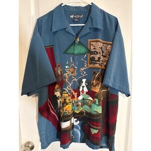 Big Dogs Fun Attitude Poker Dogs Blue Short Sleeve Button Up Shirt Size L